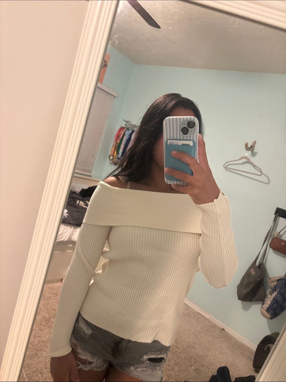 Off-Shoulder Ribbed Long-Sleeve Sweater - Cream